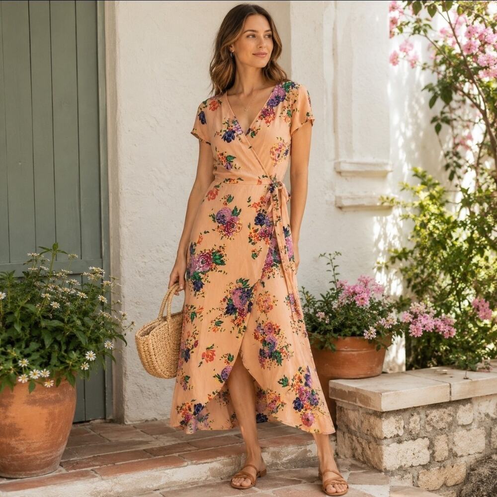 & Other Stories Los Angeles Atelier Sz US 10 Peach Floral Wrap Dress Feminine